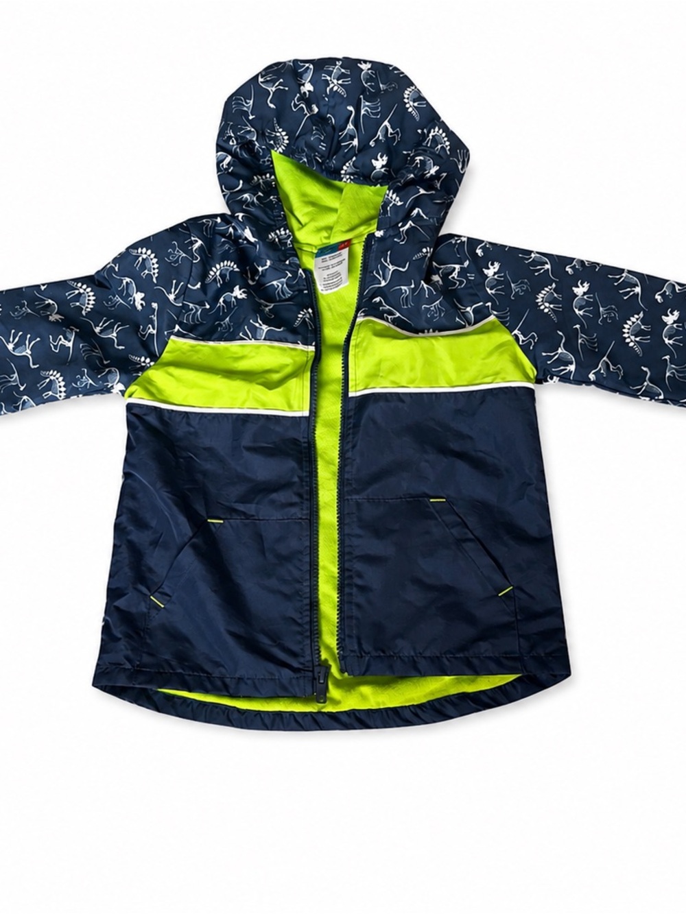 Kids Navy & Lime Hooded Raincoat with Dino Print